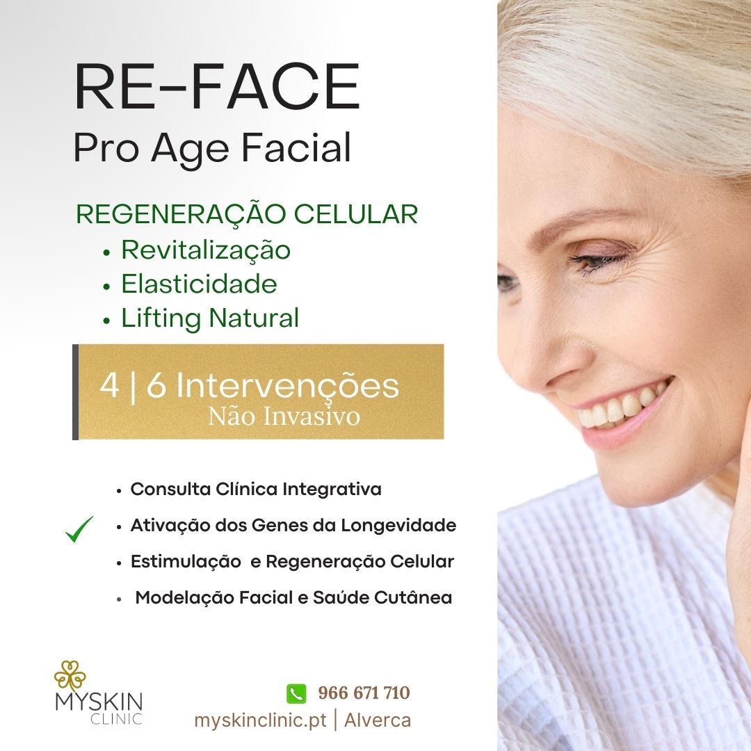 RE-FACE Pro Age Facial Promoção de tratamento facial RE-FACE Pro Age Facial com texto de benefícios e contactos da clínica