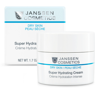 Creme hidratante Janssen Cosmetics para pele seca em embalagem branca com detalhes azuis
