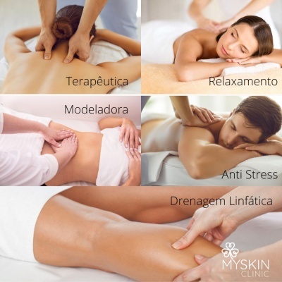 Várias massagens em corpo humano com texto Terapêutica, Relaxamento, Modeladora, Anti Stress, Drenagem Linfática e logo My Skin Clinic