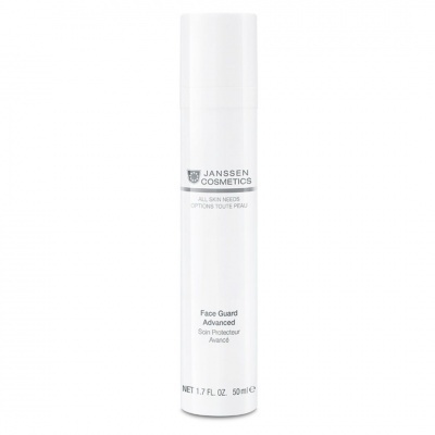 Frasco cilíndrico branco de cosmético Janssen Cosmetics Face Guard Advanced
