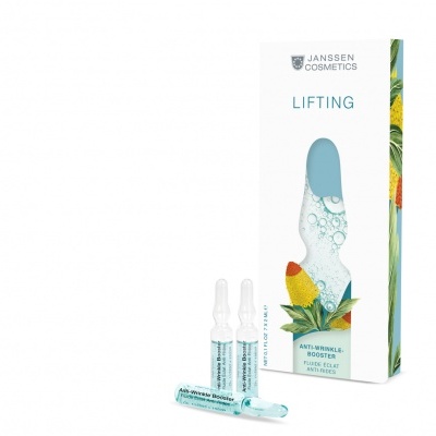 Frascos de vidro com líquido azul claro e embalagem branca do produto Janssen Cosmetics Lifting