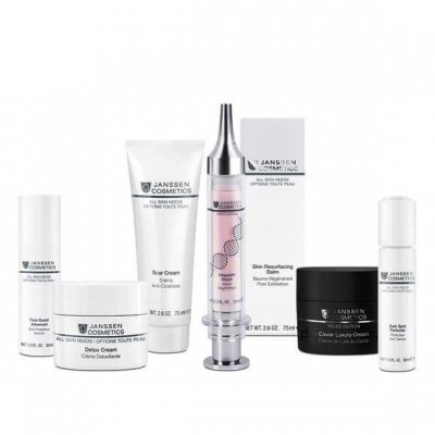 Conjunto de produtos Janssen Cosmetics para cuidados da pele, embalagens brancas e pretas