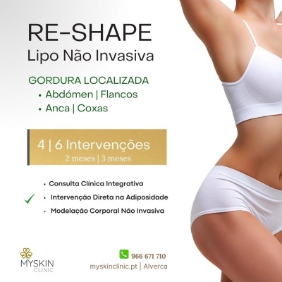 Publicidade de tratamento de lipo não invasiva da MY SKIN CLINIC com figura feminina em roupa interior branca.