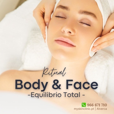 Mulher a receber tratamento facial com discos de algodão e texto promocional Ritual Body & Face