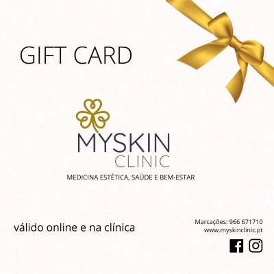 Cartão presente da MySkin Clinic com laço dourado e texto em português