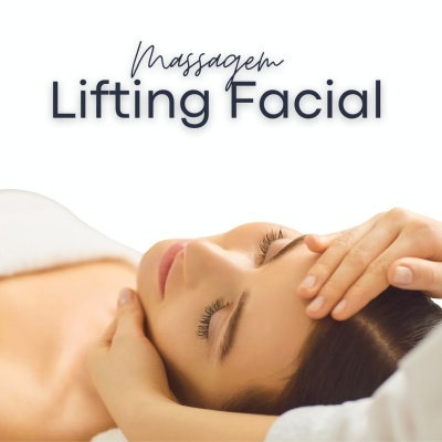 Pessoa a receber massagem facial com texto Massagem Lifting Facial