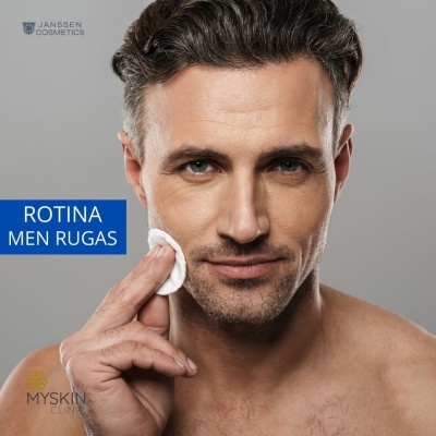 Homem a aplicar produto no rosto com disco de algodão e texto promocional