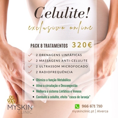 Promoção pack tratamentos celulite MY SKIN CLINIC com texto em português e imagem corpo roupa branca