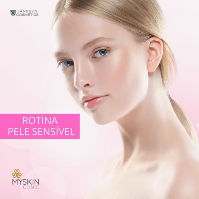 Mulher com pele sensível, texto sobre rotina para pele sensível e logotipos de marcas