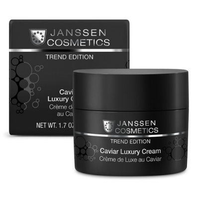 Pote de creme facial preto da Janssen Cosmetics Trend Edition, Caviar Luxury Cream, com embalagem preta ao fundo