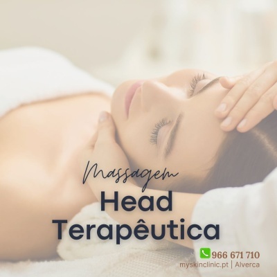 Mulher a receber massagem terapêutica na cabeça com texto promocional