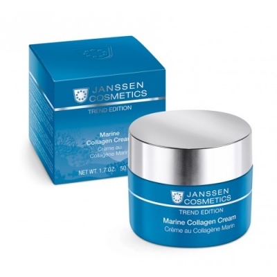 Frasco e caixa do creme Marine Collagen da Janssen Cosmetics azul e prata