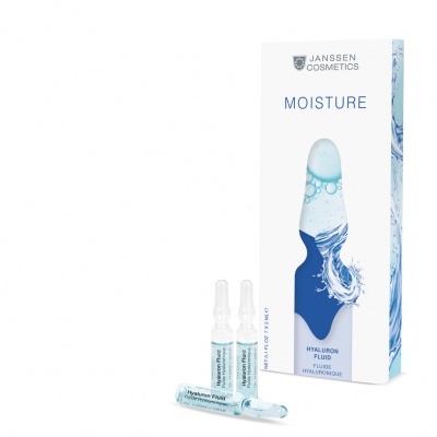 Embalagem e ampolas do produto Janssen Cosmetics Moisture Hyaluron Plus Fluid.