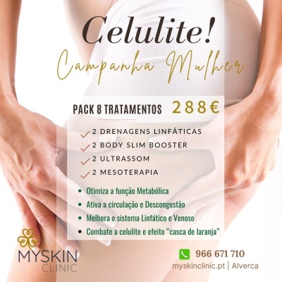 Mulher de costas a segurar anca, texto promocional tratamento celulite MYSKIN CLINIC