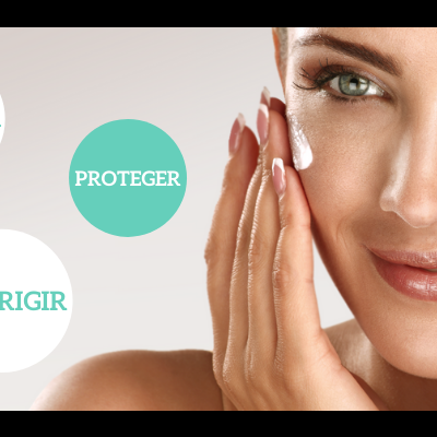 Mulher aplicando creme no rosto com textos PREVENIR, PROTEGER, CORRIGIR