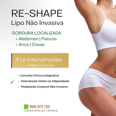 Imagem promocional de tratamento de Lipo Não Invasiva RE-SHAPE com modelo vestindo roupa desportiva branca.