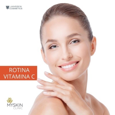 Rosto feminino sorridente com texto ROTINA VITAMINA C e logos Janssen Cosmetics e MySkin Clinic