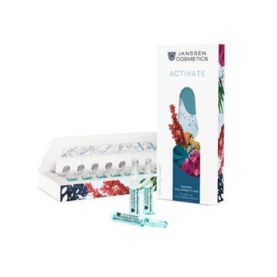 Frascos de vidro com líquido azul e embalagem floral de Janssen Cosmetics