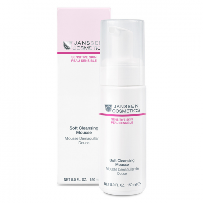 Mousse de limpeza suave Janssen Cosmetics para pele sensível, embalagem branca e rosa de 150 ml