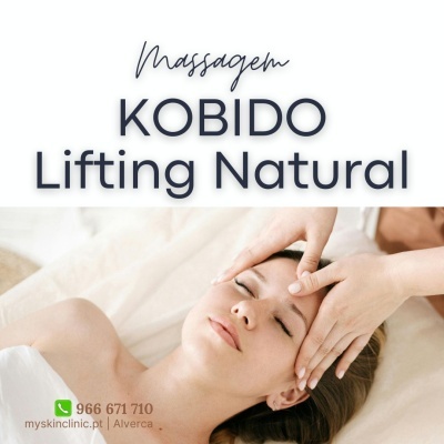 Mulher a receber massagem facial Kobido com texto promocional