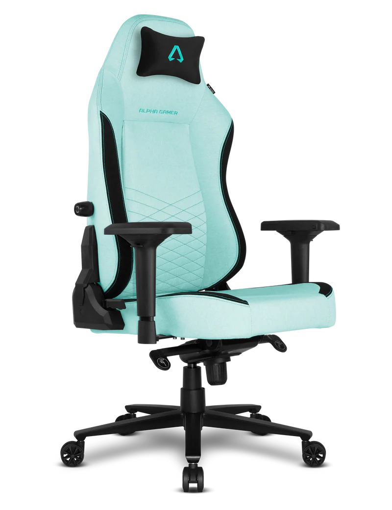 Cadeira de gaming verde-água com detalhes pretos e almofada preta com logótipo azul