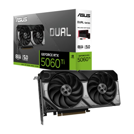 Placa gráfica ASUS GeForce RTX 5060 Ti Dual com caixa correspondente