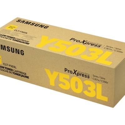 Embalagem retangular castanha da Samsung para cartucho de toner amarelo Y503L