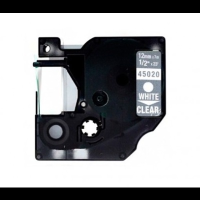 Cartucho de fita preta com etiqueta branca clara e texto impresso