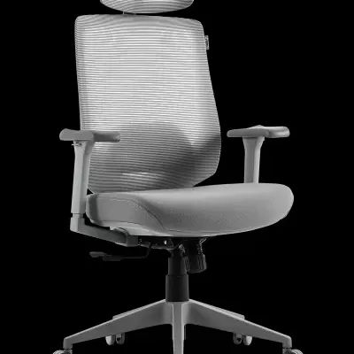 cadeira de escritório ergonómica cinzenta com apoio de cabeça e base giratória