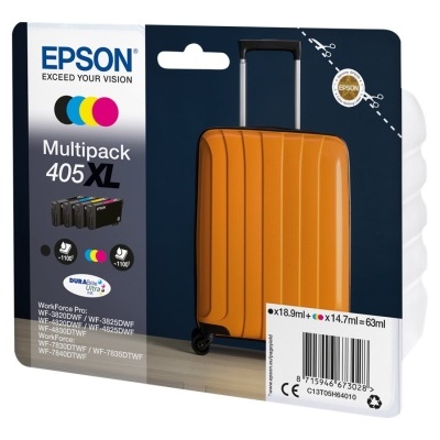 Embalagem tinta Epson Multipack 405 XL com mala de viagem laranja na imagem
