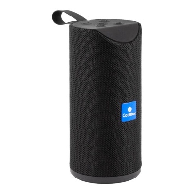 Coluna portátil preta com etiqueta CoolBox