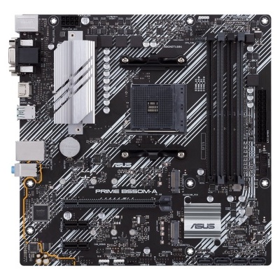 Placa-mãe ASUS PRIME B550M-A preta com linhas cinzentas e dissipadores metálicos