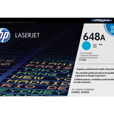 Cartucho toner HP LaserJet 648A cian em embalagem preta e branca