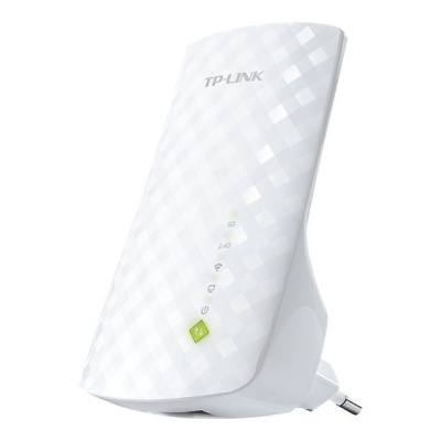 Repetidor Wi-Fi branco TP-LINK com padrão quadriculado e luzes indicadoras