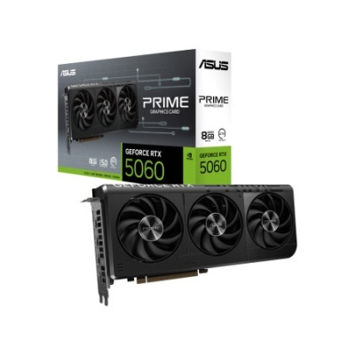 Placa gráfica ASUS PRIME GeForce RTX 5060 com três ventoinhas e caixa do produto
