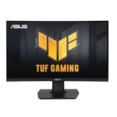 Monitor preto curvo ASUS TUF Gaming com logotipo amarelo no ecrã
