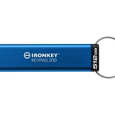 Pen drive metálico azul IronKey Keypad 200 512GB com argola