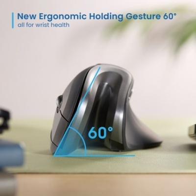 Rato ergonómico vertical cinza escuro com texto promocional em fundo claro