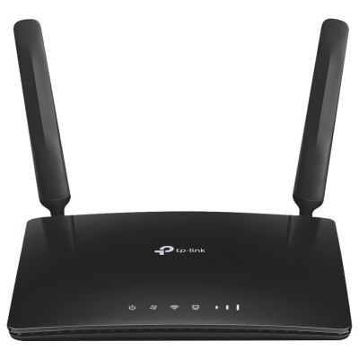 Roteador TP-Link preto com duas antenas e indicadores LED