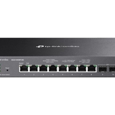 Switch de rede TP-LINK omada SG2210P preto com 8 portas Ethernet e 2 portas SFP.