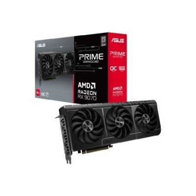 Placa gráfica ASUS Prime AMD Radeon RX 9700 com três ventoinhas pretas e caixa preta e vermelha.
