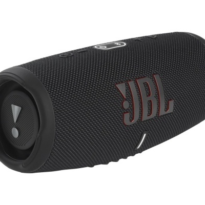 Coluna portátil JBL preta com textura de tecido