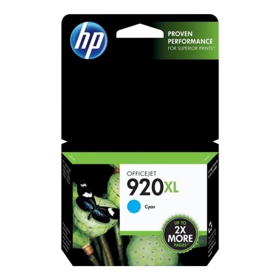Cartucho de tinta HP 920XL Cyan em embalagem preta e verde