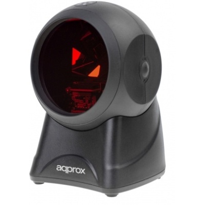 Leitor de código de barras preto com lente vermelha e texto 'approx'