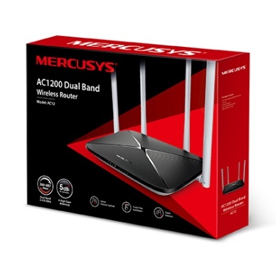 Caixa vermelha e preta de router wireless Mercusys AC1200 Dual Band com quatro antenas