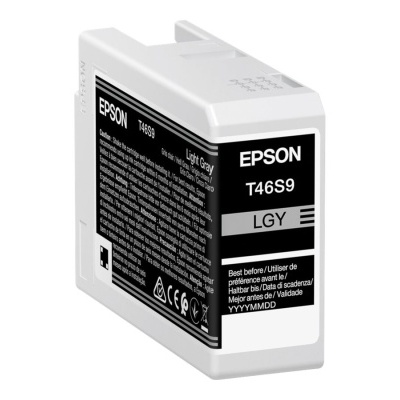 Cartucho de tinta Epson T46S9 cinza claro com etiquetas pretas e texto legível