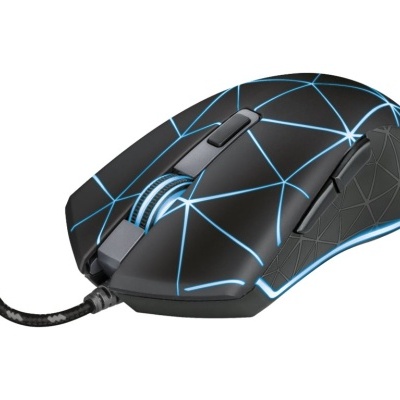 Rato de gaming preto com luzes azuis geométricas e cabo texturizado.