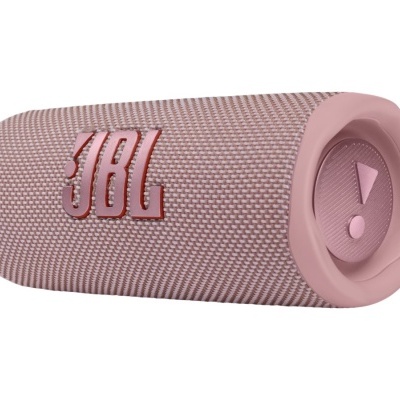 Coluna portátil JBL rosa com tecido texturizado e símbolo de exclamação na extremidade
