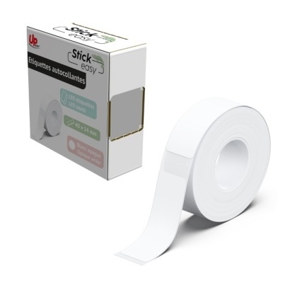 Rolo de etiquetas autocolantes ao lado da caixa com descrição do produto