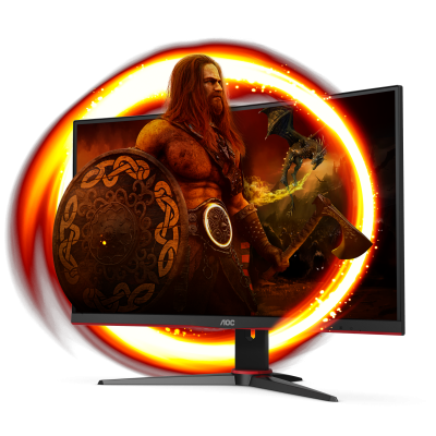 Monitor de computador AOC curvo com imagem de guerreiro nórdico e dragão em destaque
